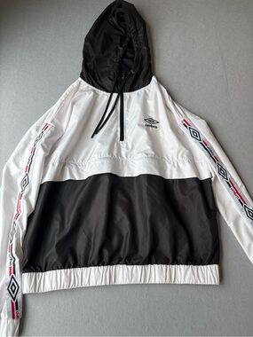 UMBRO Black White Half Zip Pullover Hooded Windbreaker Jacket with Pocket sz L